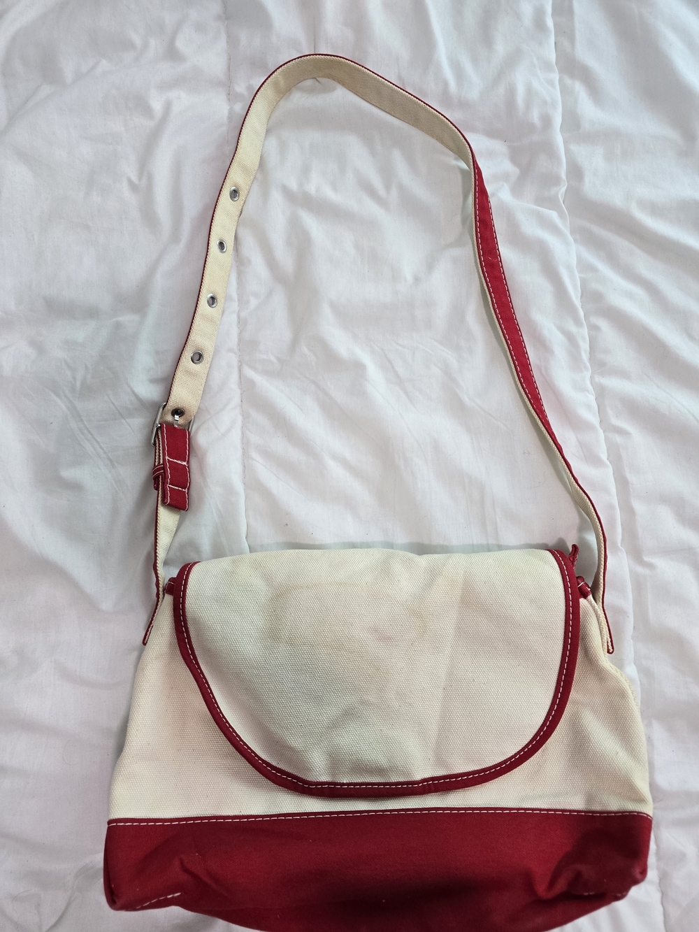 L.L. Bean Cream Canvas Shoulder Bag with Red Trim